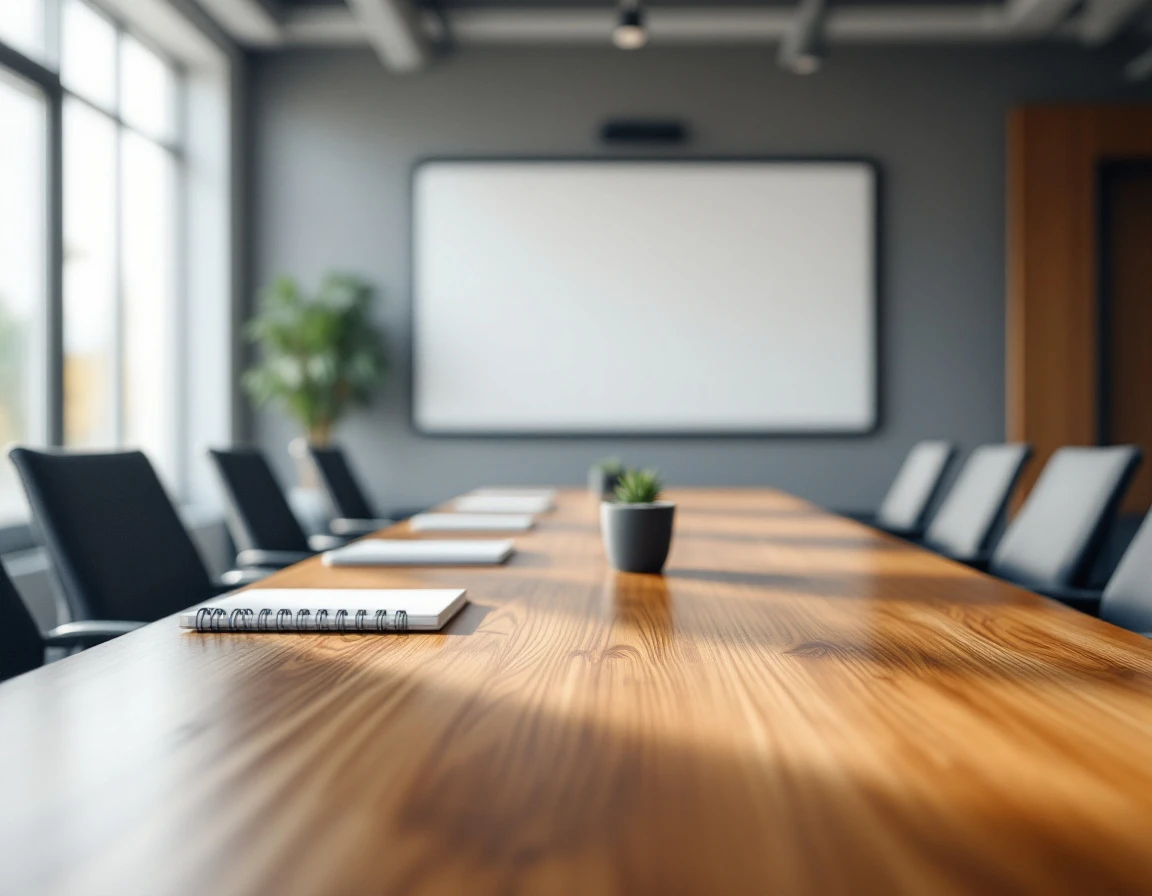 Modern corporate training room with wooden conference table, laptops, and blank materials under natural lighting