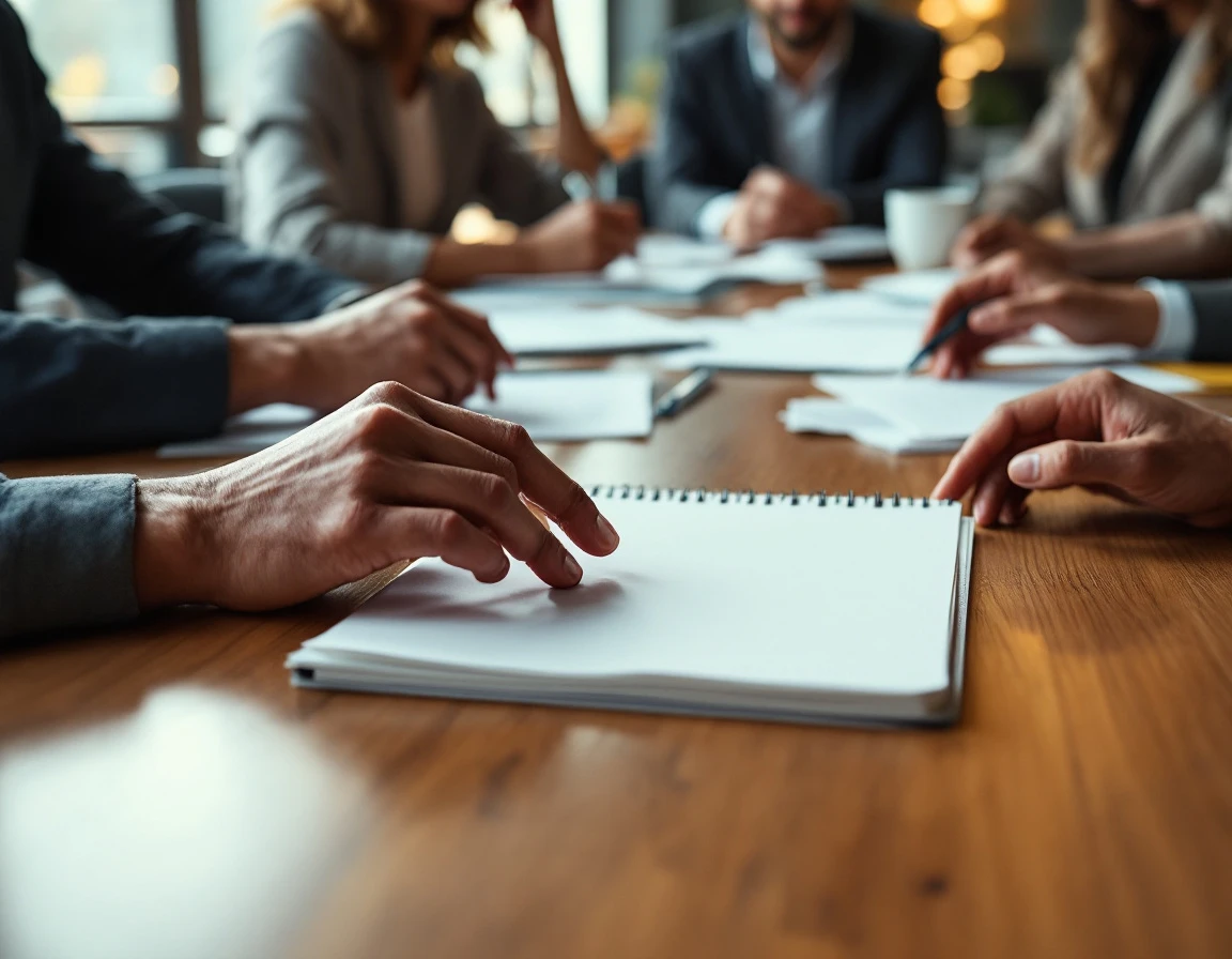 Hands collaborating over training materials on a conference table during a workplace professional development session
