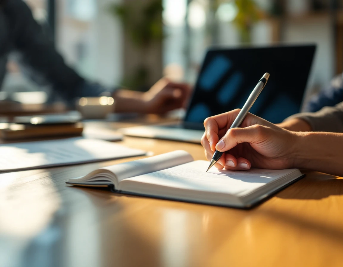 Hands writing in notebook during workplace AI training session with documents on conference table