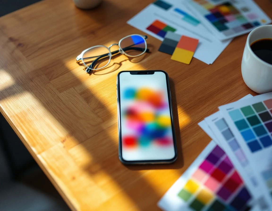 Workspace with smartphone showing training app interface and color swatches on wooden desk