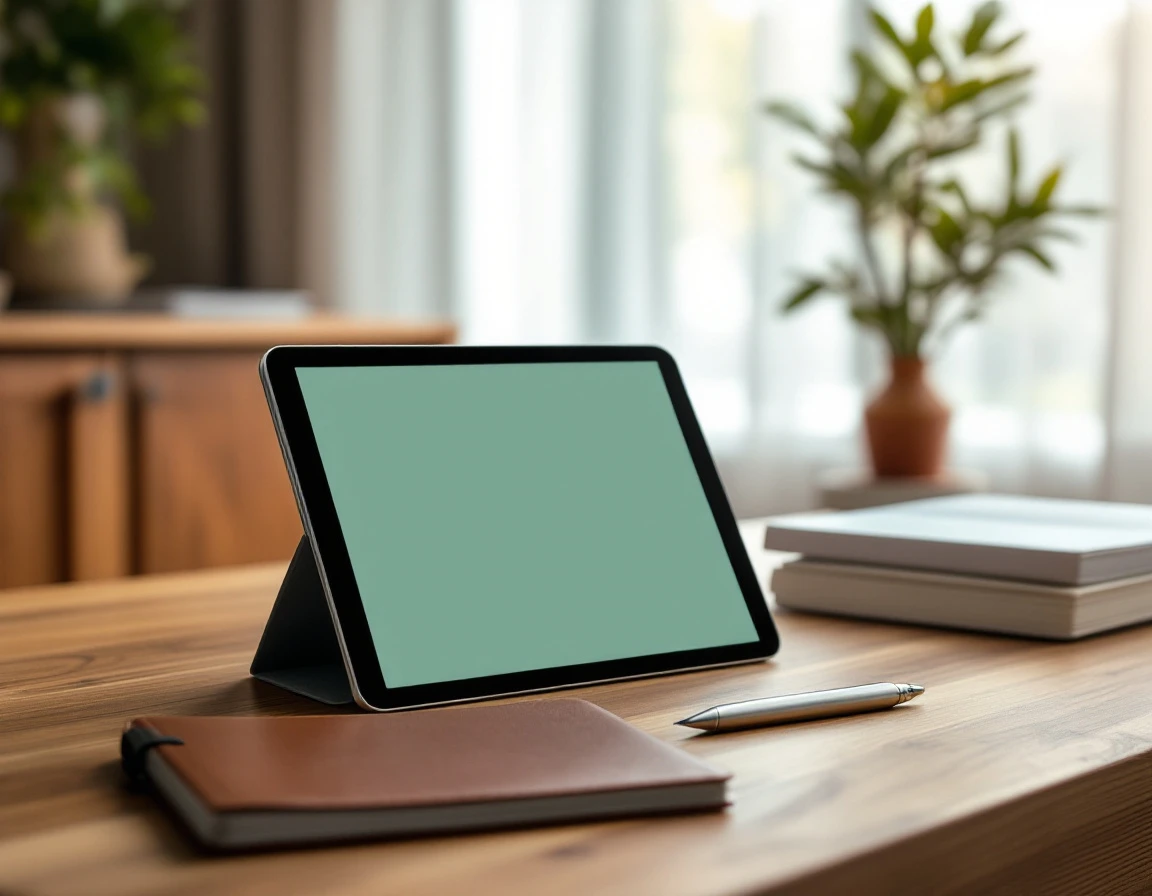 Training workspace with notebook, pen, and blank tablet prepared for retail staff microlearning session