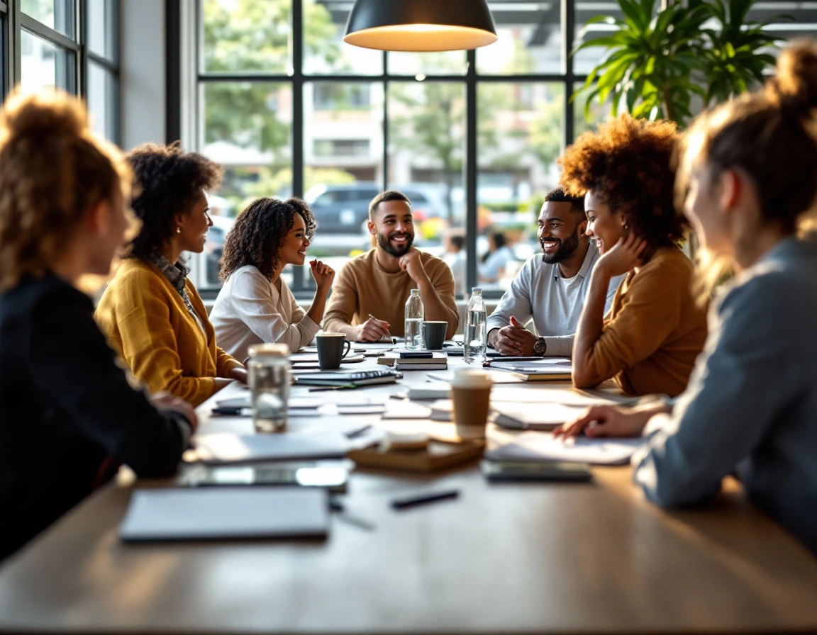 New retail employees gathered around training table during first-week onboarding session in bright break room