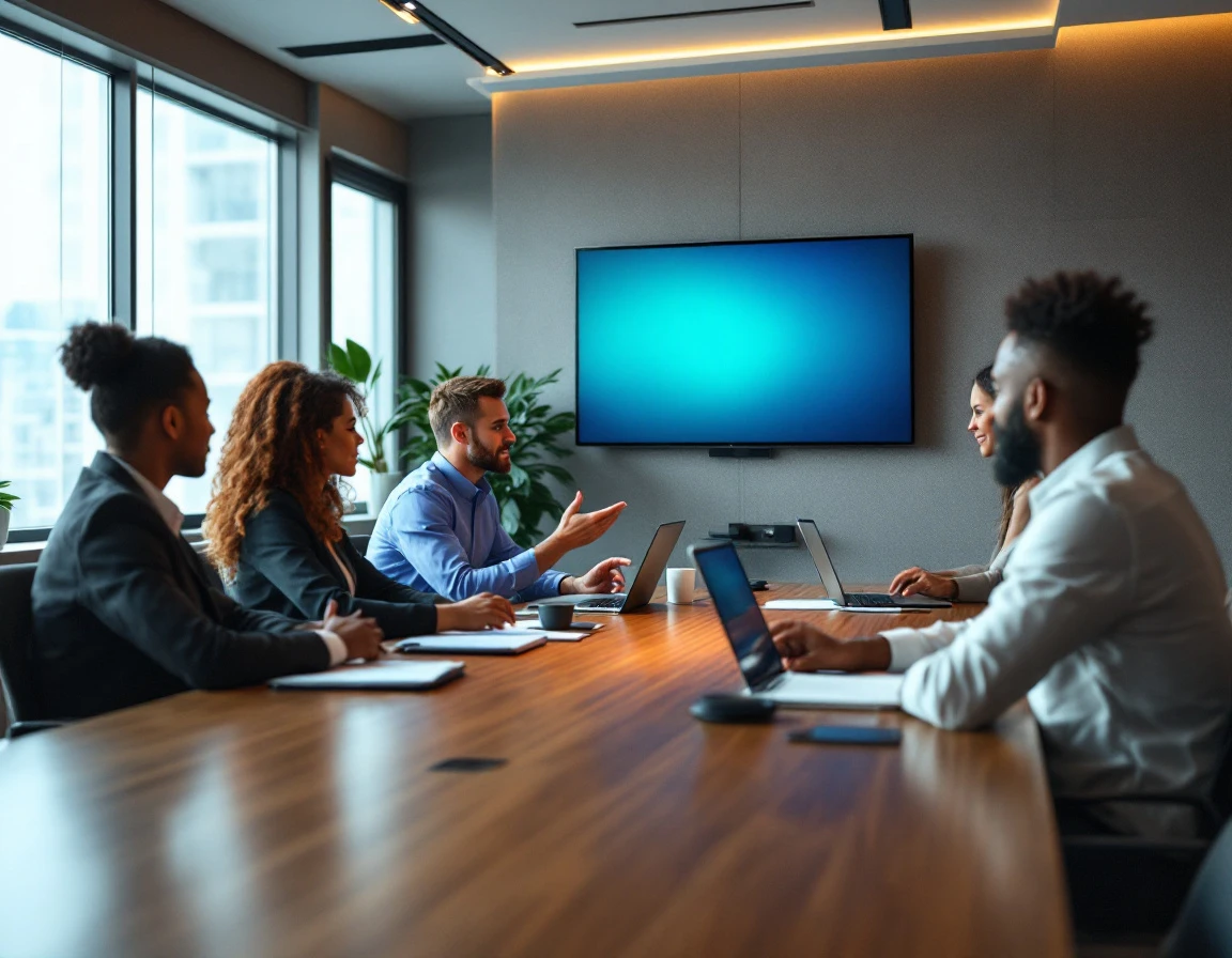 Corporate training team collaborating around conference table in modern office with natural lighting