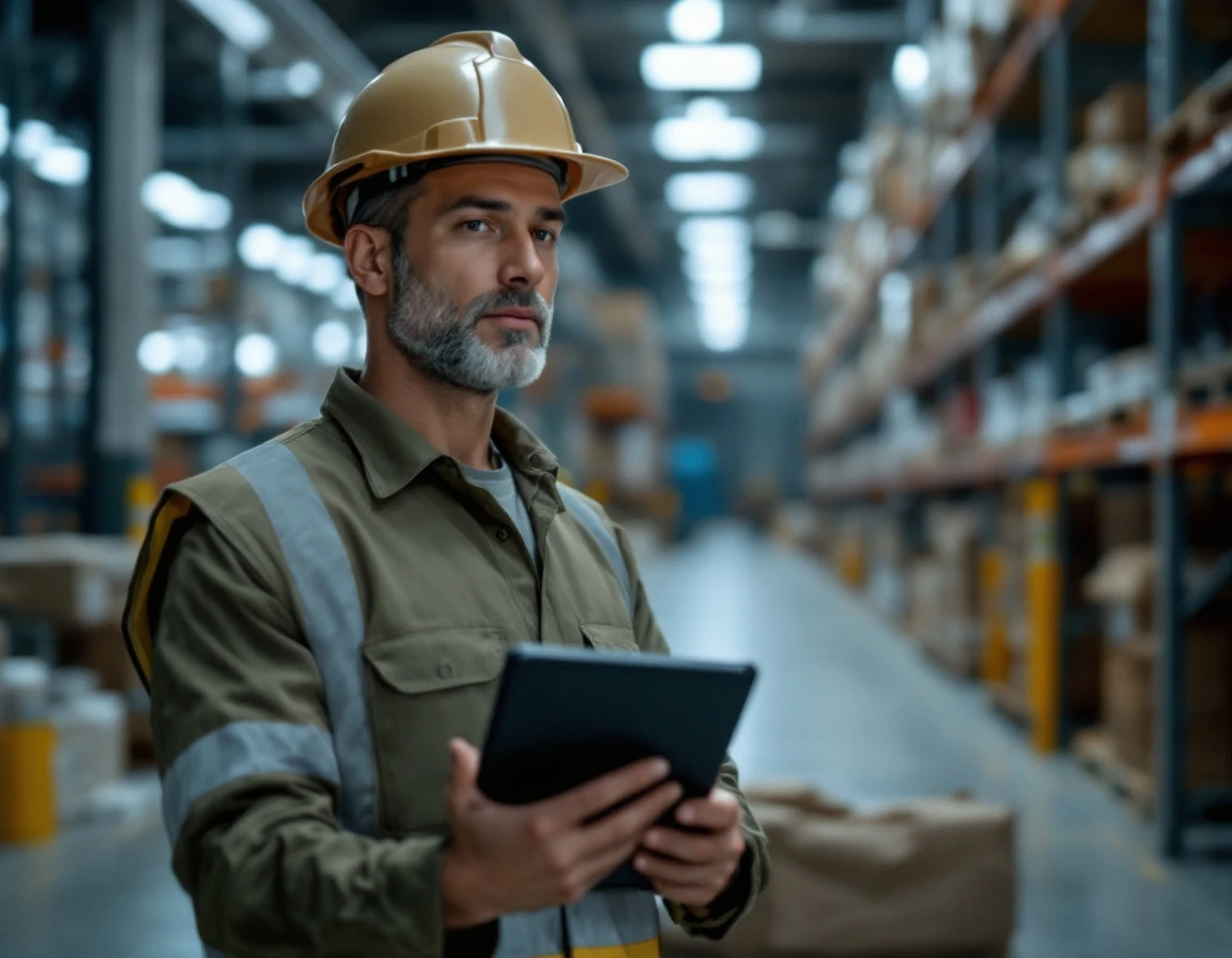 Warehouse worker holding blank tablet device in modern industrial training facility with natural lighting