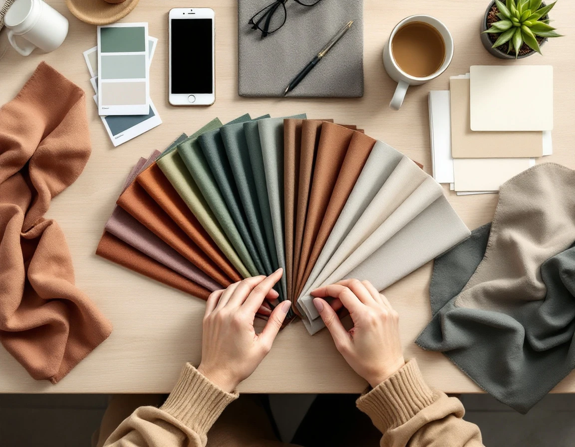 Hands arranging fabric swatches and color samples on a designer's workspace with coffee and phone