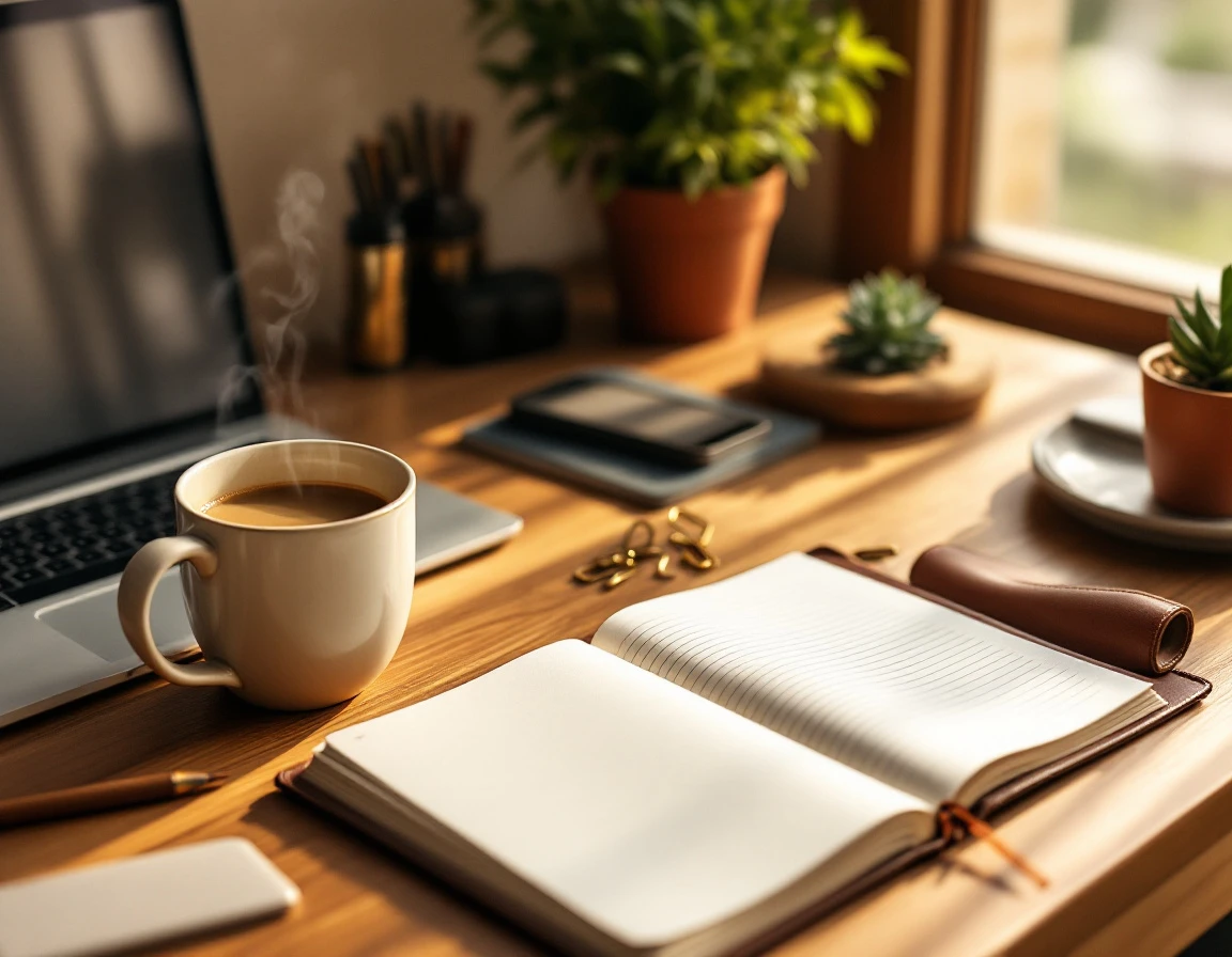 Organized workspace with laptop, coffee, and planner ready for training implementation planning