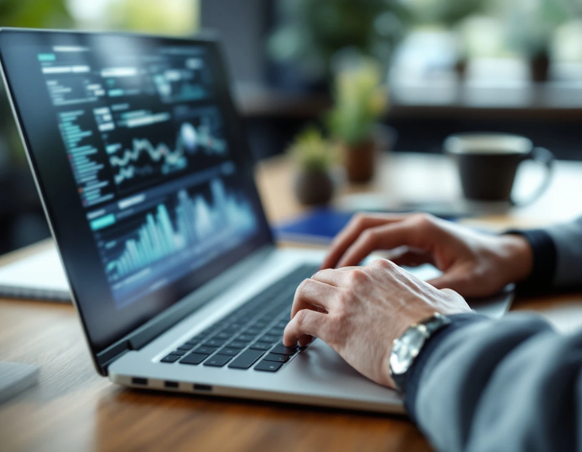 Hands typing on laptop in healthcare office with blurred compliance dashboard on screen