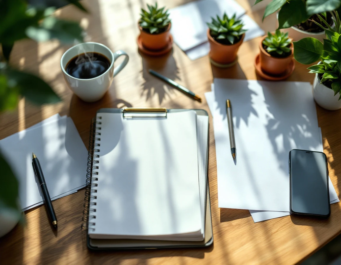Clean desk workspace with blank notebook, coffee, and succulent plants in natural light