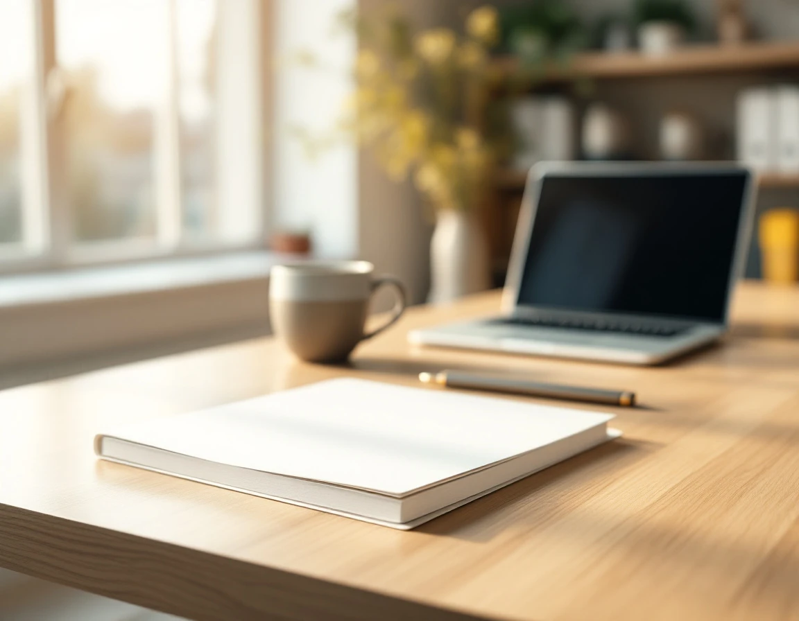 Clean office workspace with closed portfolio folder beside laptop showing organized compliance documentation setup