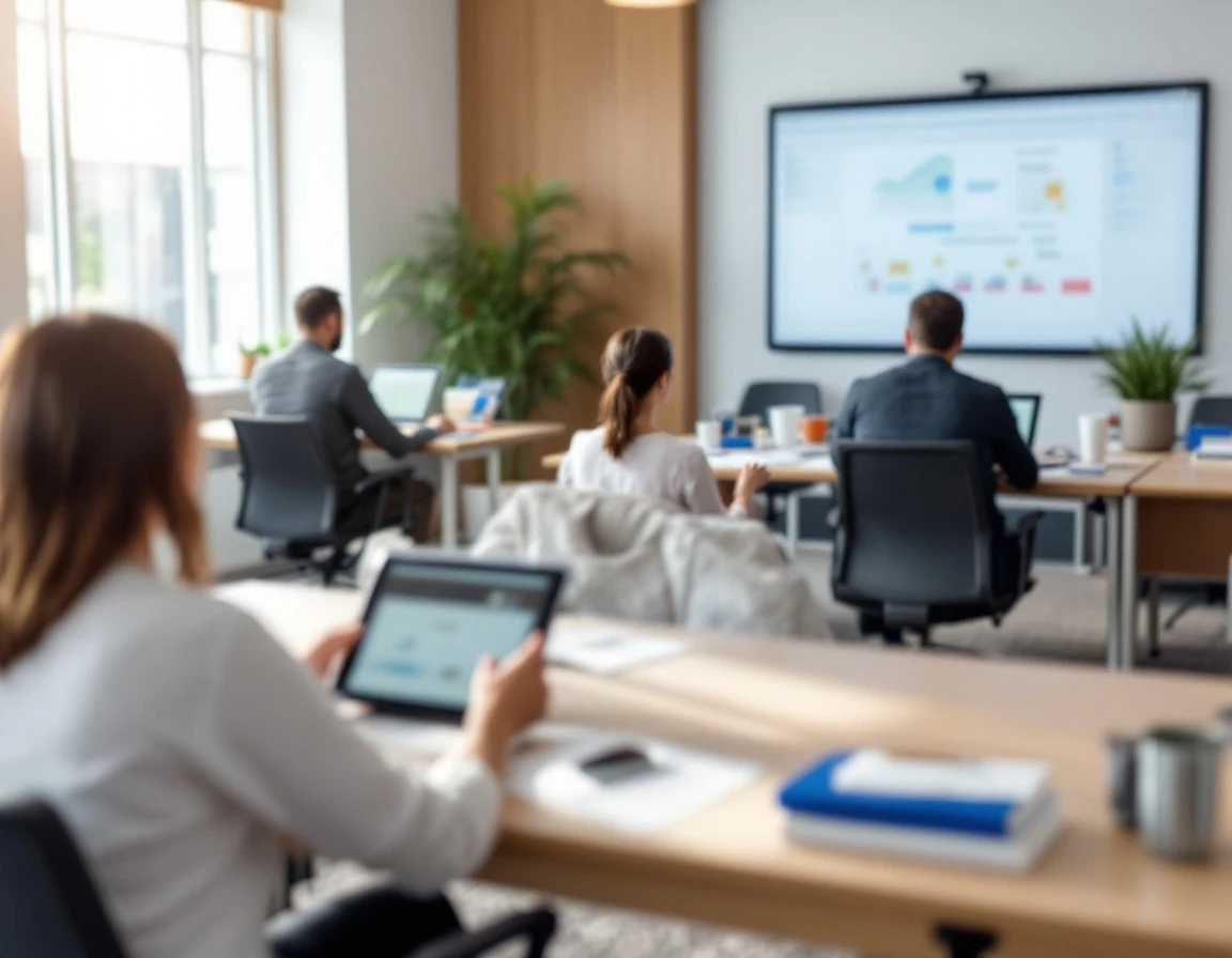 Retail employees training together at workstations using digital devices for standardized learning
