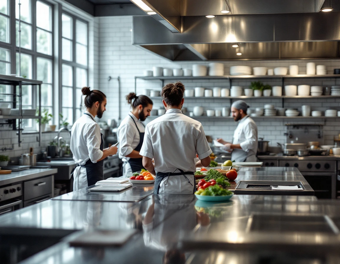 Commercial kitchen staff training at standardized prep stations with organized equipment and materials