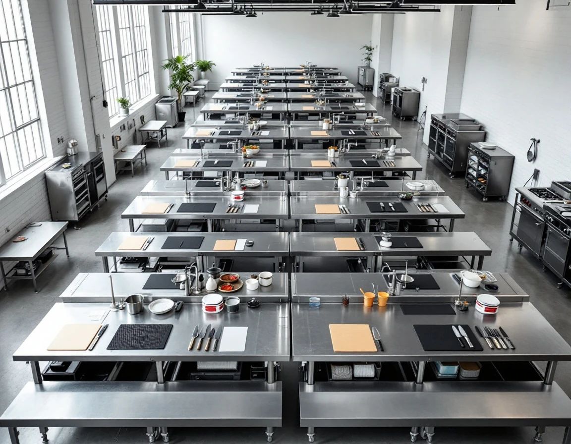 Identical commercial kitchen training stations arranged in uniform rows showing standardized equipment layout