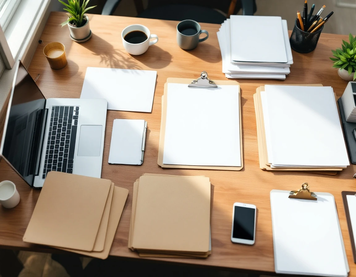 Organized desk workspace with aligned folders and blank training materials demonstrating systematic consistency