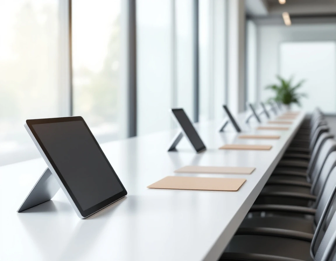 Uniform training workstations with tablets arranged in rows showing standardized learning environment setup
