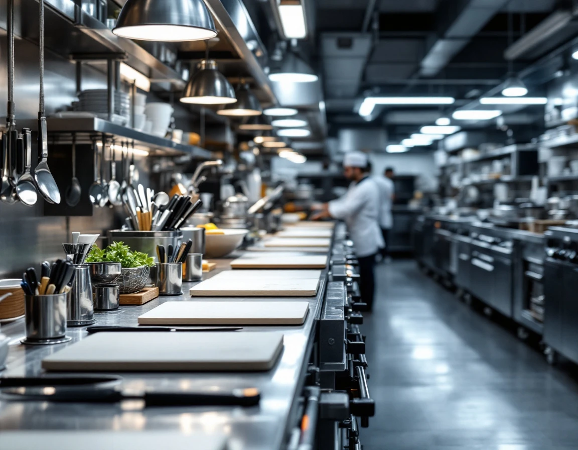 Multiple identical commercial kitchen prep stations with standardized equipment layout and organization