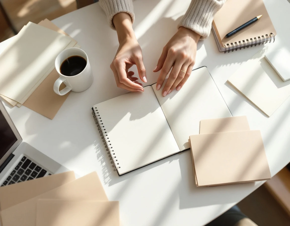 Hands organizing blank training materials and notebooks on a minimalist desk with coffee during onboarding preparation