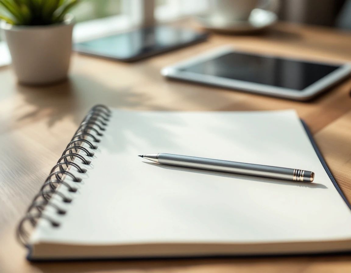 Workspace with notebook, coffee, and training materials arranged on wooden desk in natural morning light