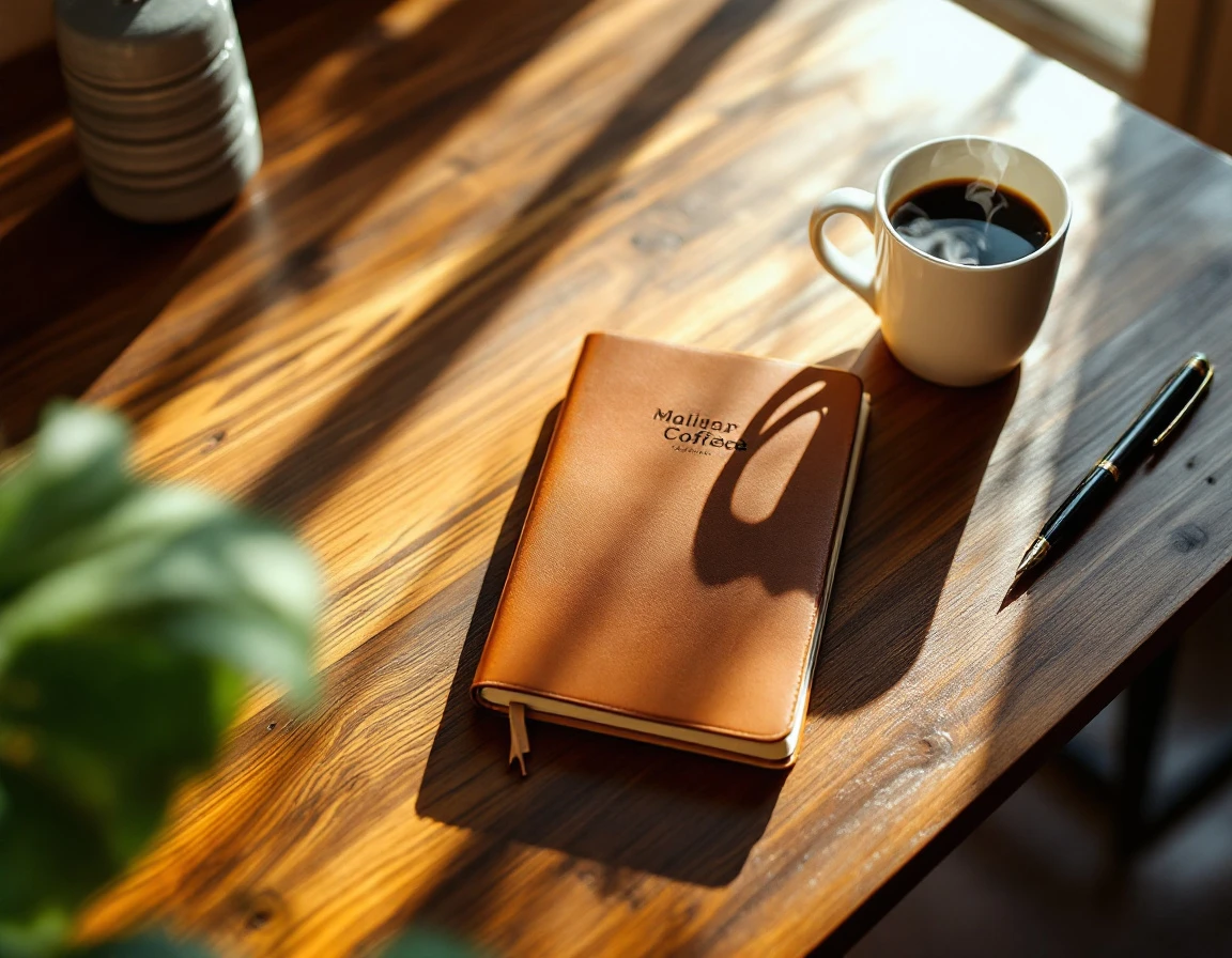 Closed leather notebook and coffee mug on wooden desk during early onboarding phase