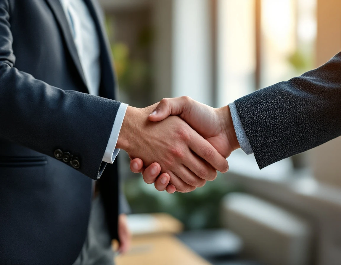 Manager and new employee shaking hands during an onboarding orientation meeting in an office