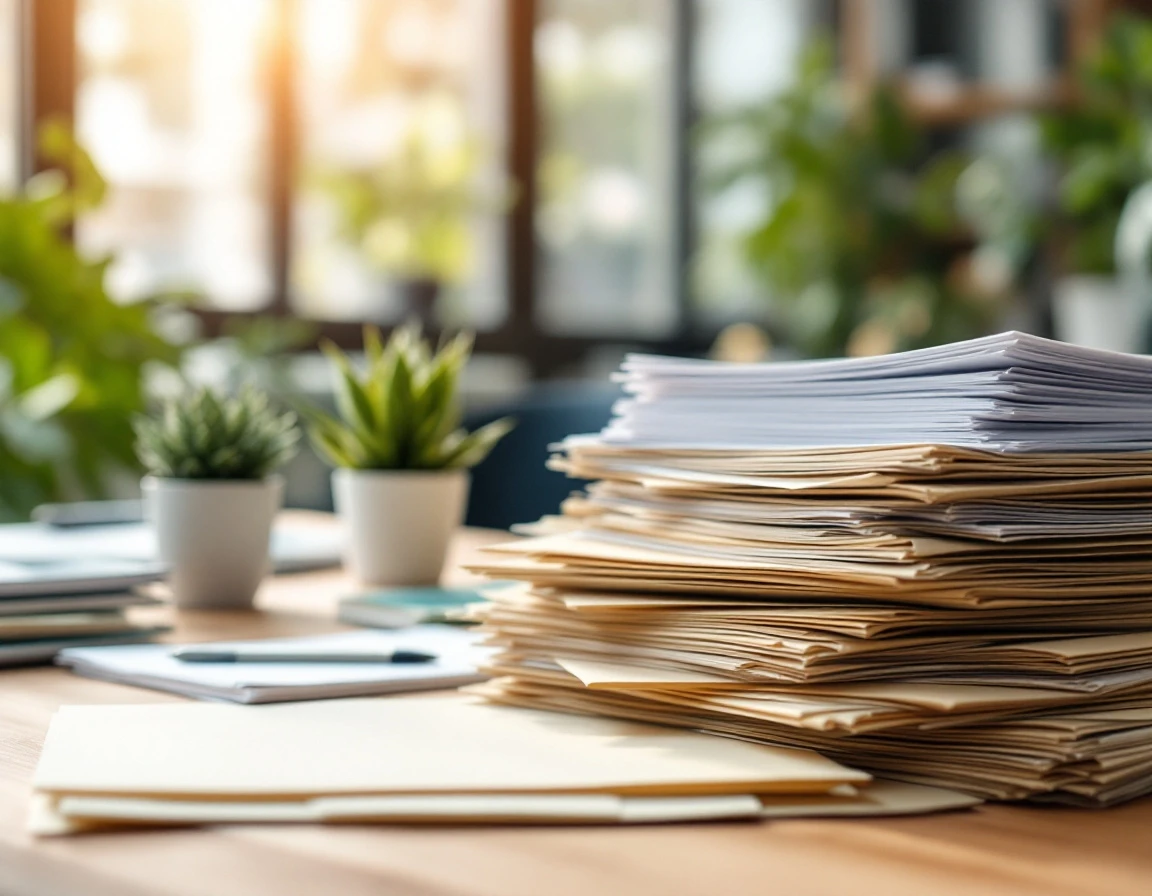 Organized training department desk with stacked folders and documents representing L&D approval workflows