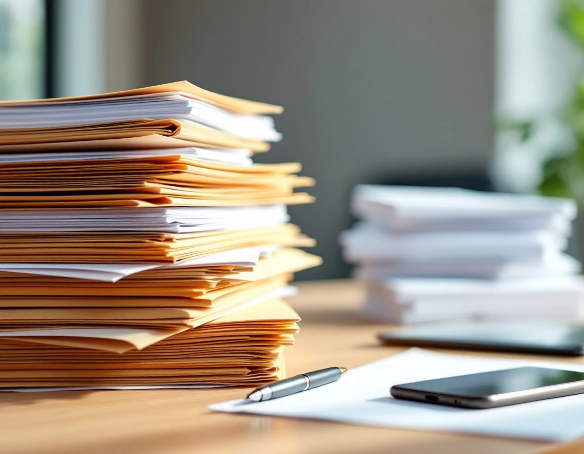 Stacked folders and paperwork on office desk illustrating training approval workflow bottlenecks