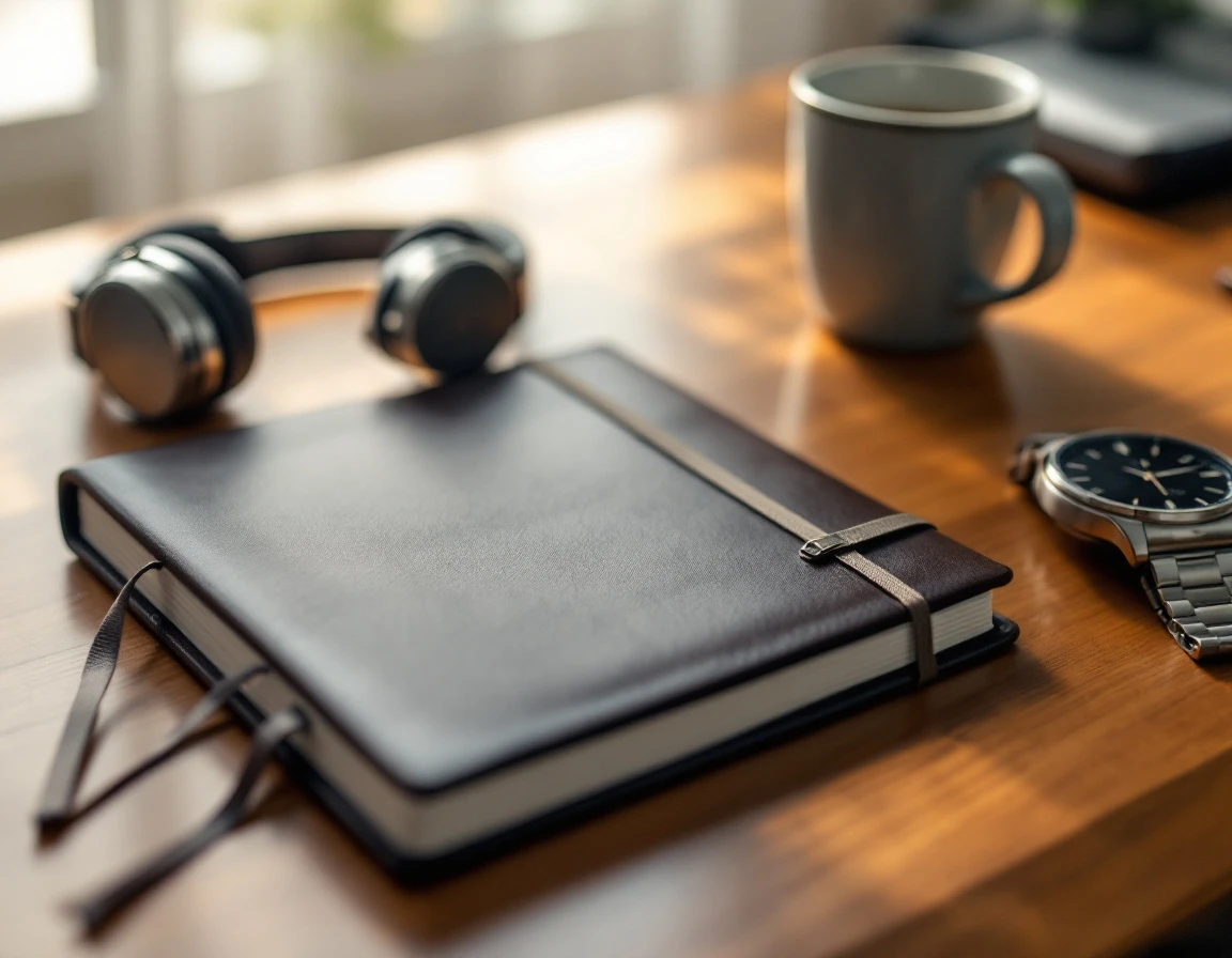 Minimalist desk setup with closed journal, watch, and headphones suggesting focused preparation