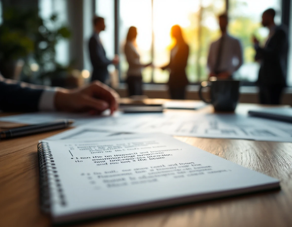 Desk with blurred planning materials and coffee during a corporate training session