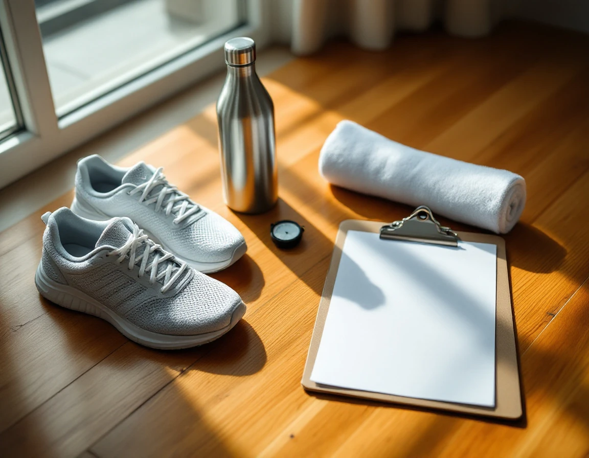 Athletic training gear including shoes, water bottle, towel, and blank clipboard arranged on wooden gym floor