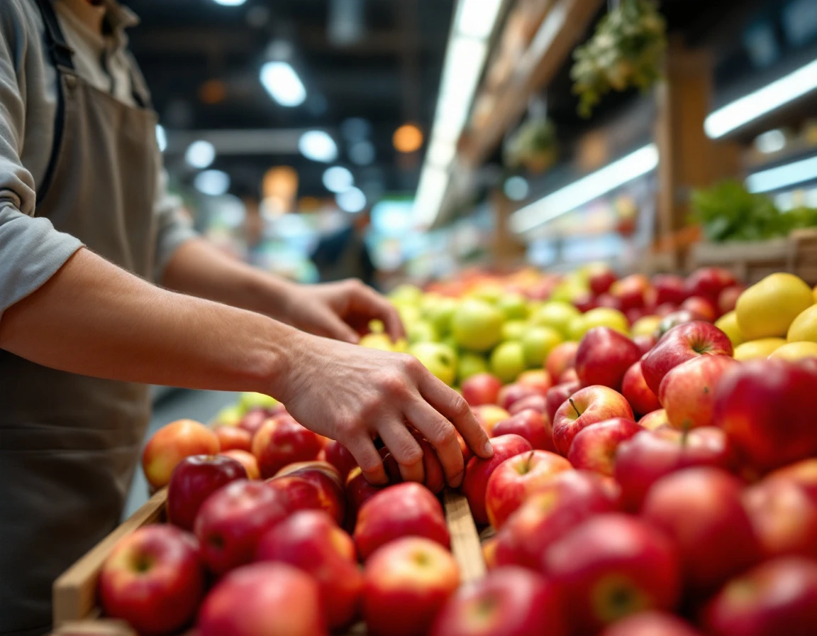 Retail worker hands arranging fresh apples on wooden display shelves in grocery store