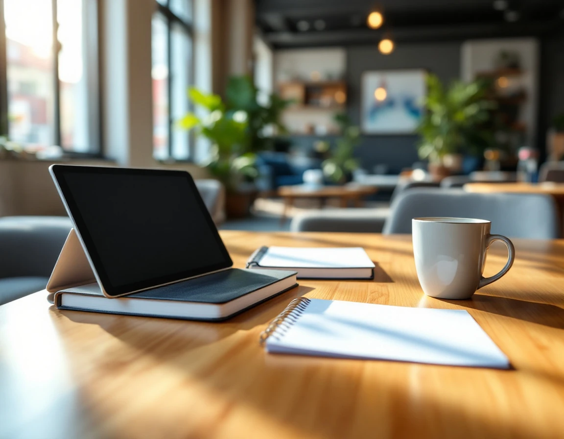 Employee training materials and workspace in modern retail break room with natural lighting