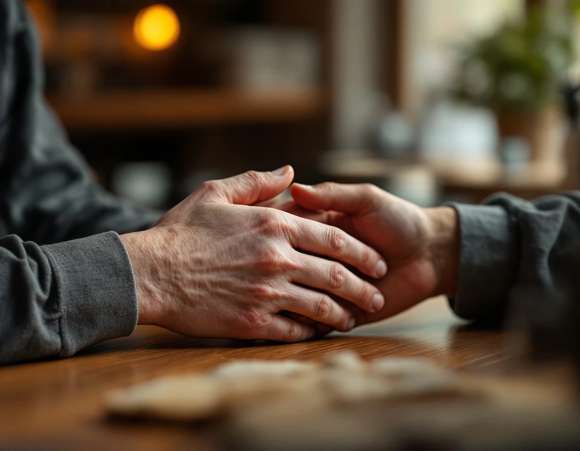 Two hands in calm conversation gesture demonstrating de-escalation body language at a service counter