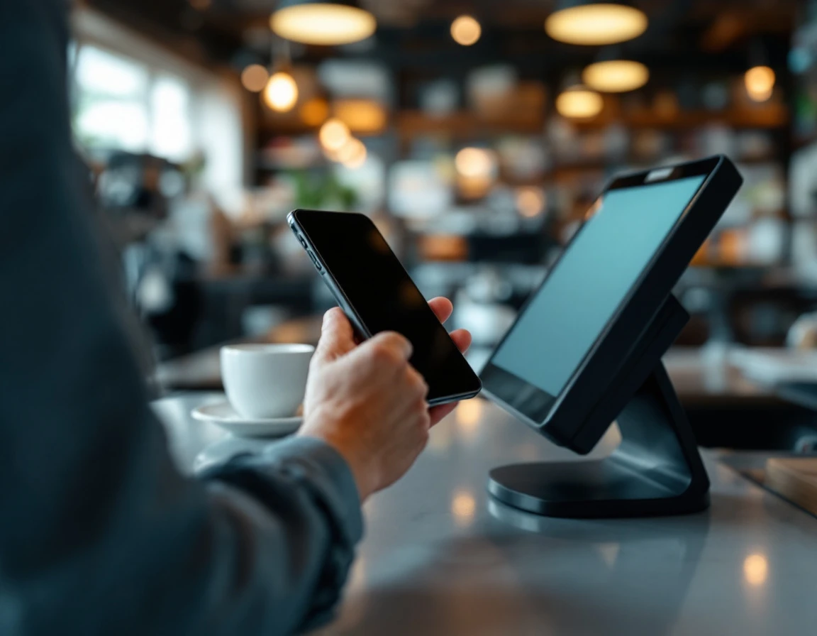 Retail employee using smartphone at checkout counter with point-of-sale terminal in natural lighting