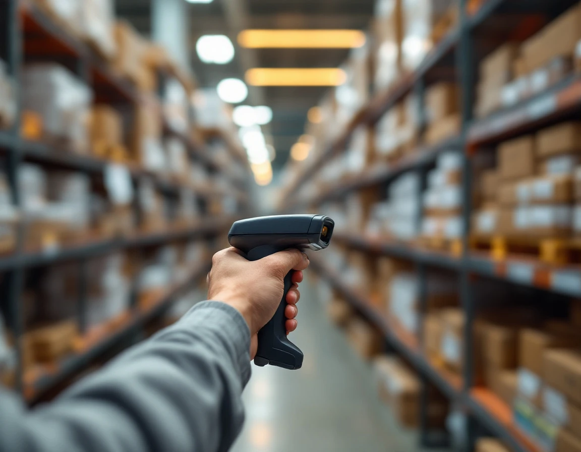 Retail employee scanning inventory with handheld device in organized warehouse backroom