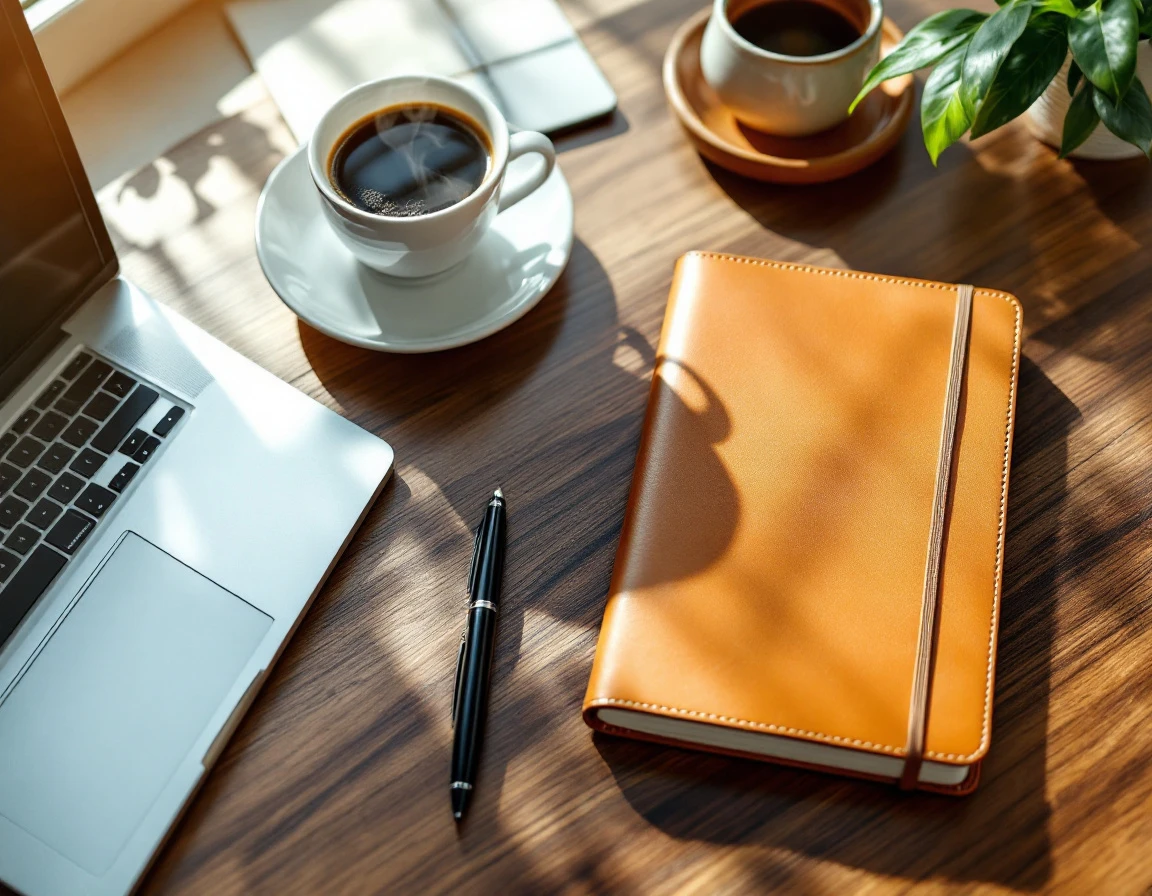 Clean wooden desk with leather journal, coffee cup, and pen arranged for performance review preparation