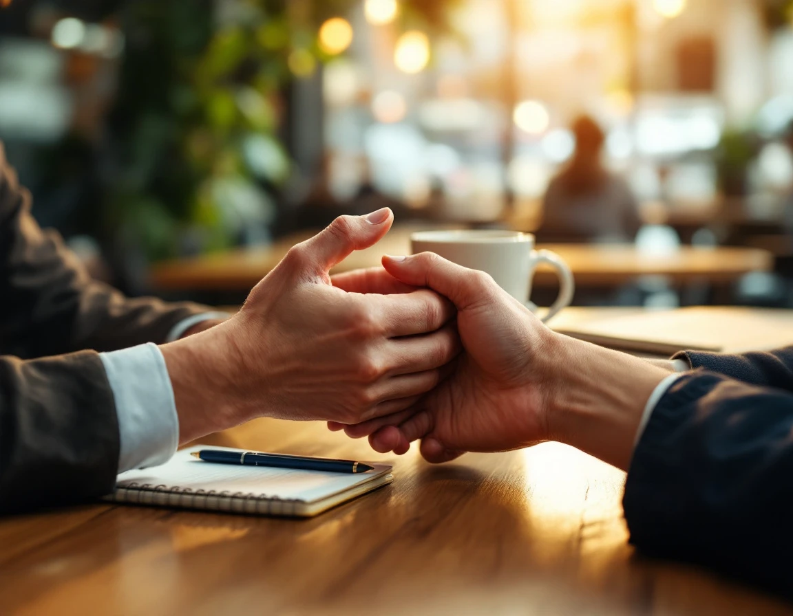 Two people in conversation across a table with hands gesturing in supportive dialogue