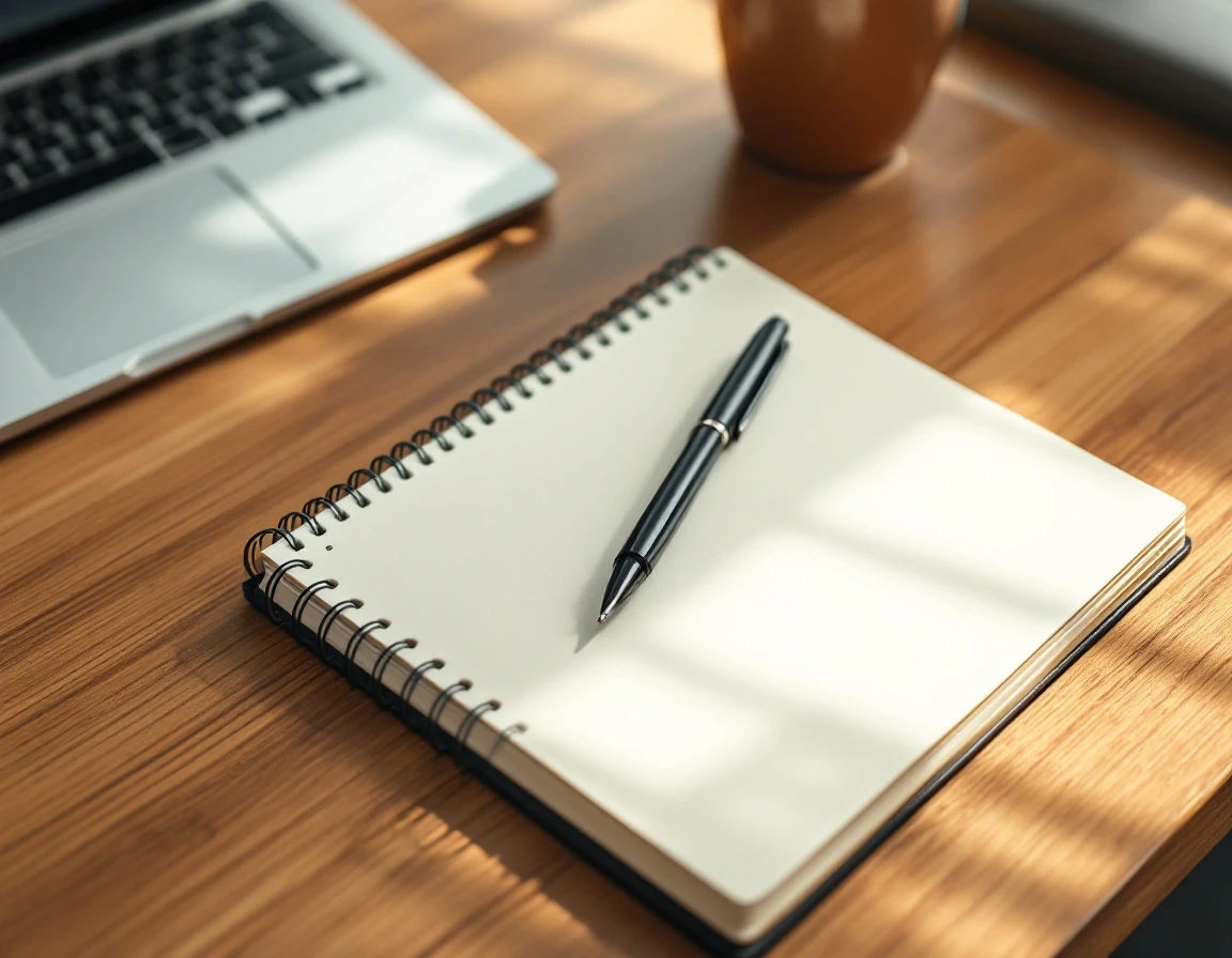 Open blank notebook with pen on wooden desk beside laptop in natural lighting
