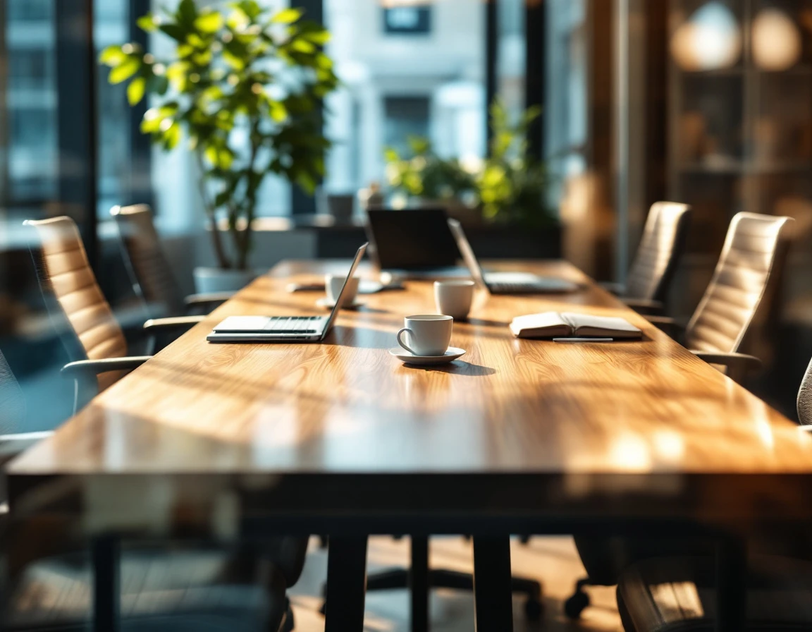 Empty collaborative workspace with four distinct workstations arranged around a conference table