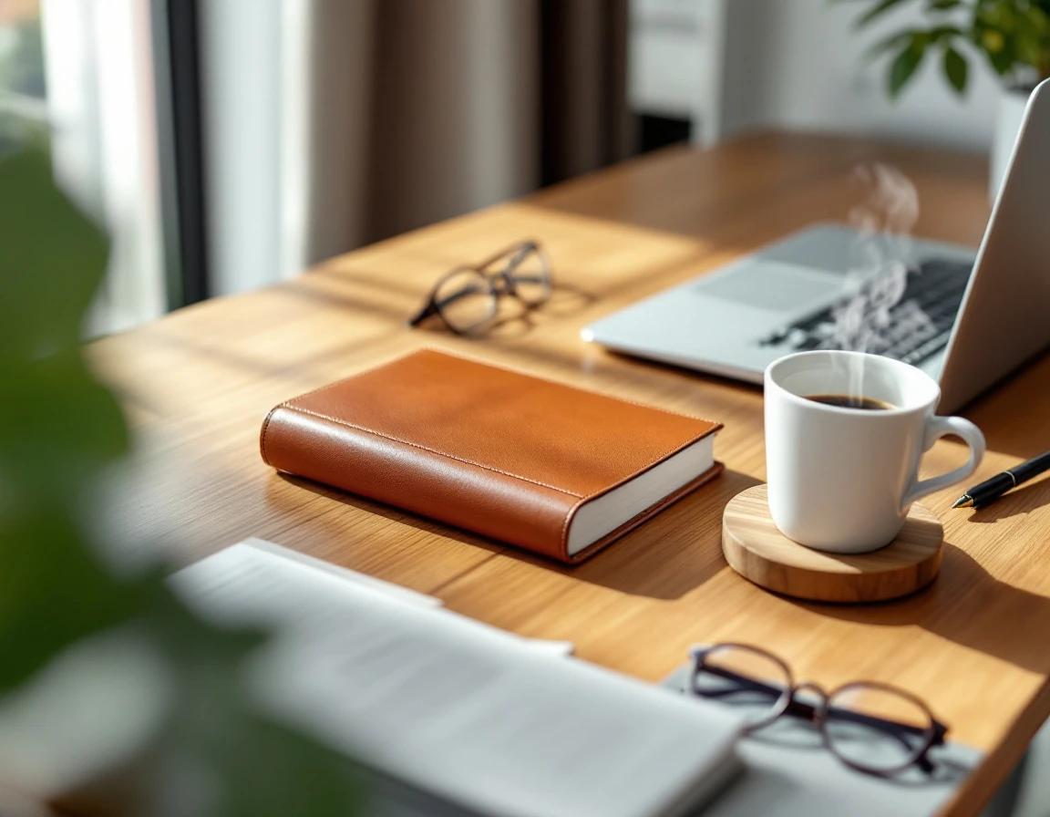 Clean professional workspace with leather journal, coffee, and laptop on wooden desk with natural light