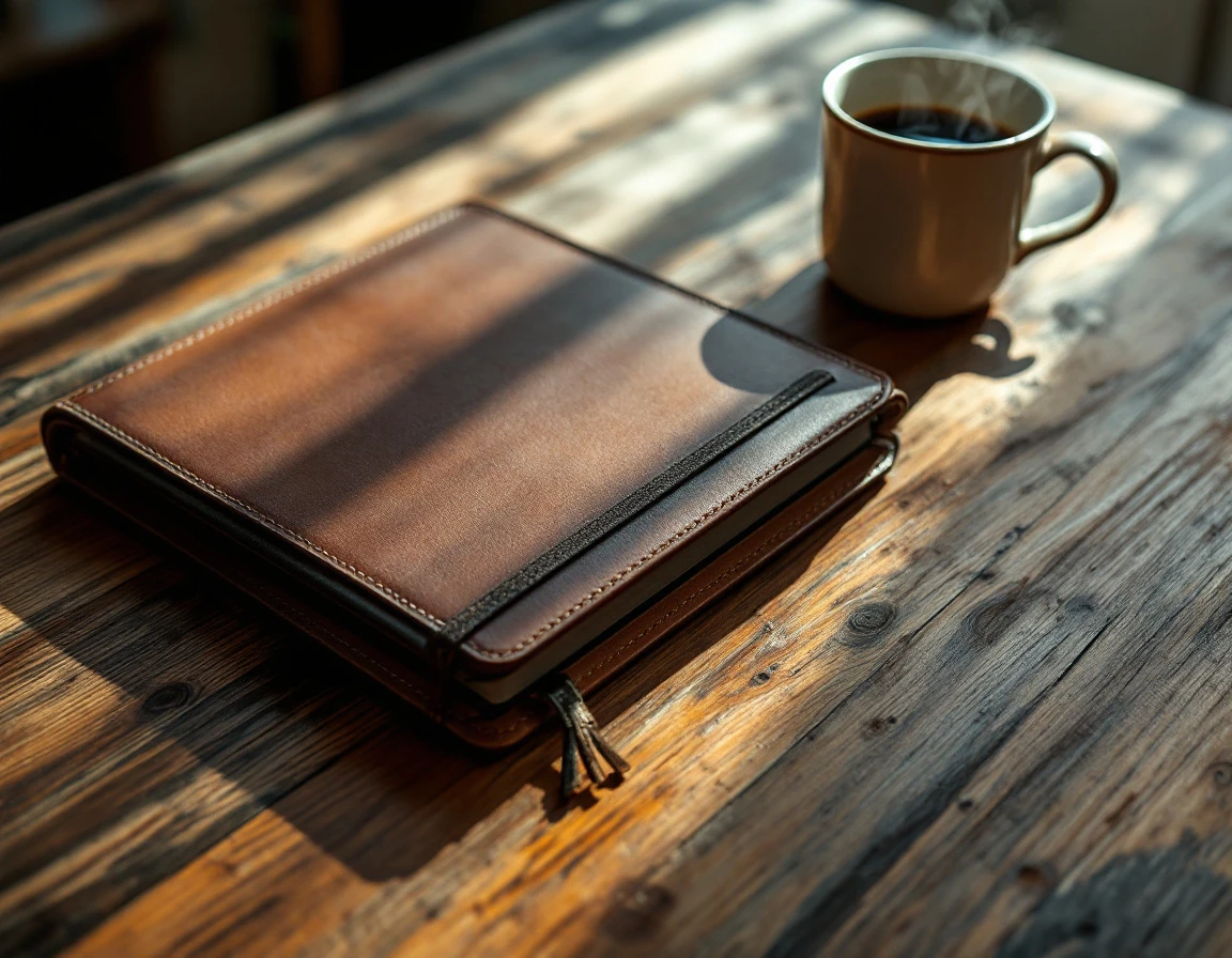 Leather business portfolio on wooden desk with morning coffee, suggesting preparation for client outreach