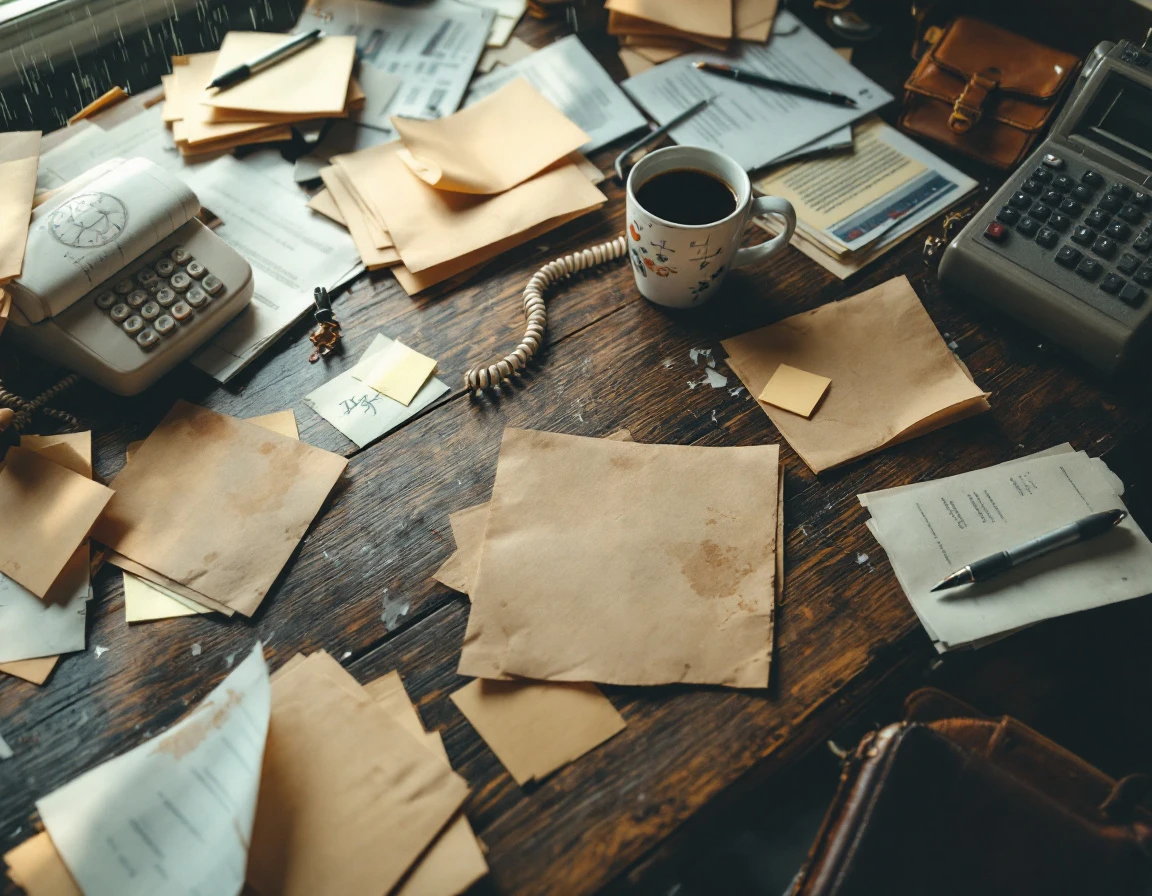 Cluttered desk with scattered papers and tangled phone cord showing disorganized handoff between teams