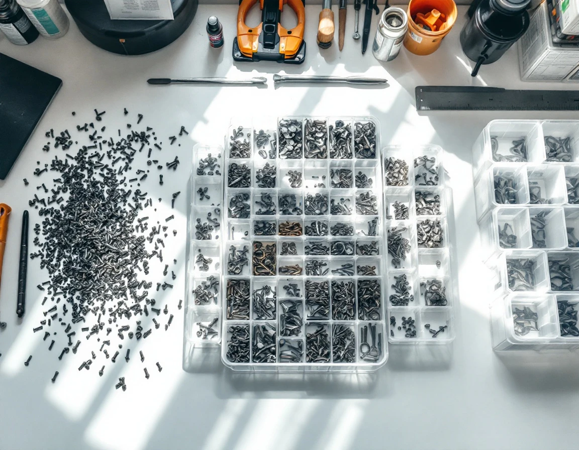 Workshop surface showing progression from scattered parts to organized compartments demonstrating systematic organization