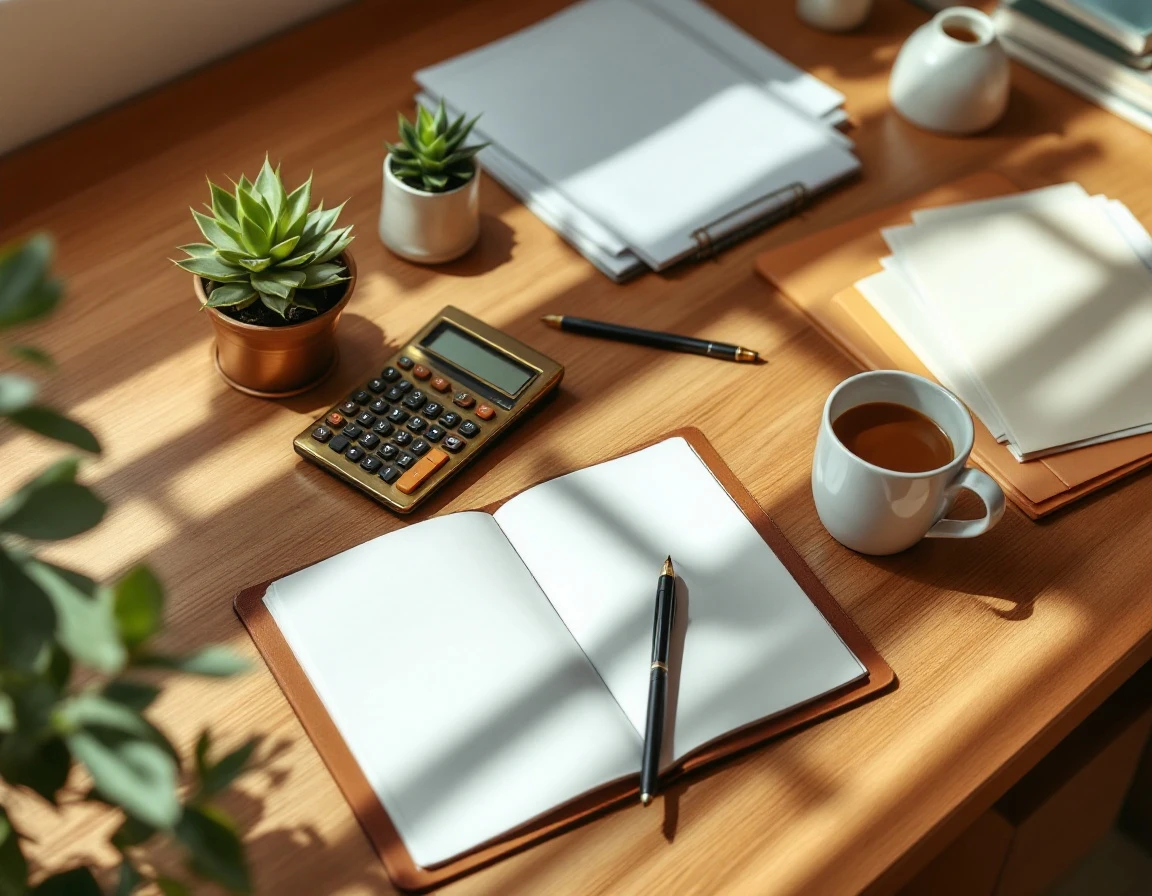 Overhead view of Q4 planning workspace with calculator, notepad, and coffee on wooden desk