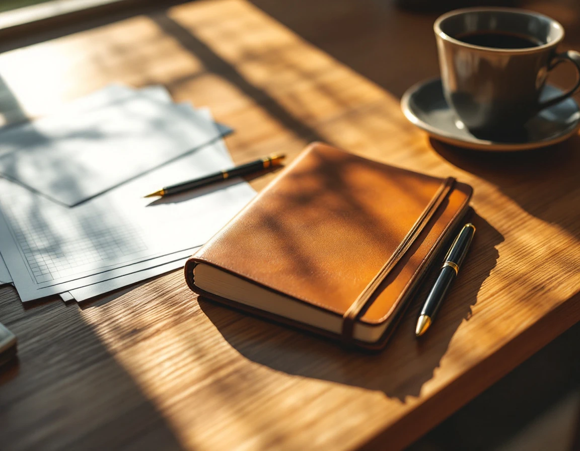 Professional desk workspace with notebook, pens, and coffee arranged for quarterly planning session