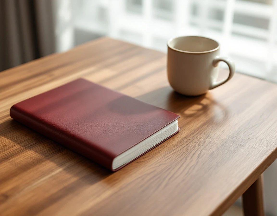 Minimalist desk with closed leather notebook and ceramic mug in natural morning light
