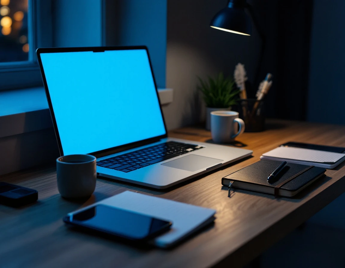 Multi-device workspace at dusk with laptop, phone, and tablet arranged on wooden desk with natural evening lighting