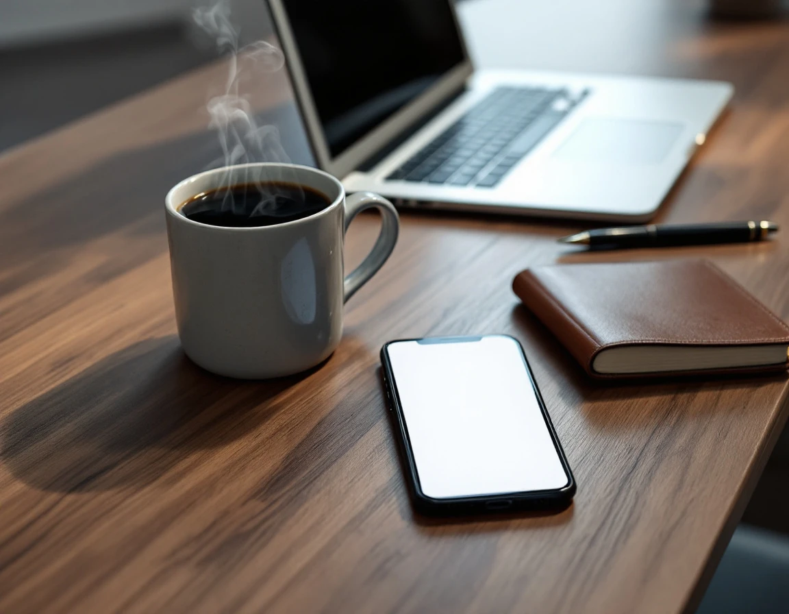 Desk workspace with smartphone, notebook, and coffee mug arranged for managing multiple communication touchpoints