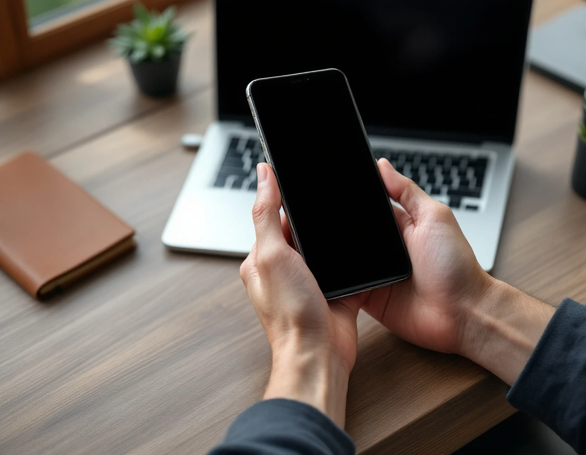 Hand holding smartphone over desk with laptop, notebook, and plants in natural workspace setting