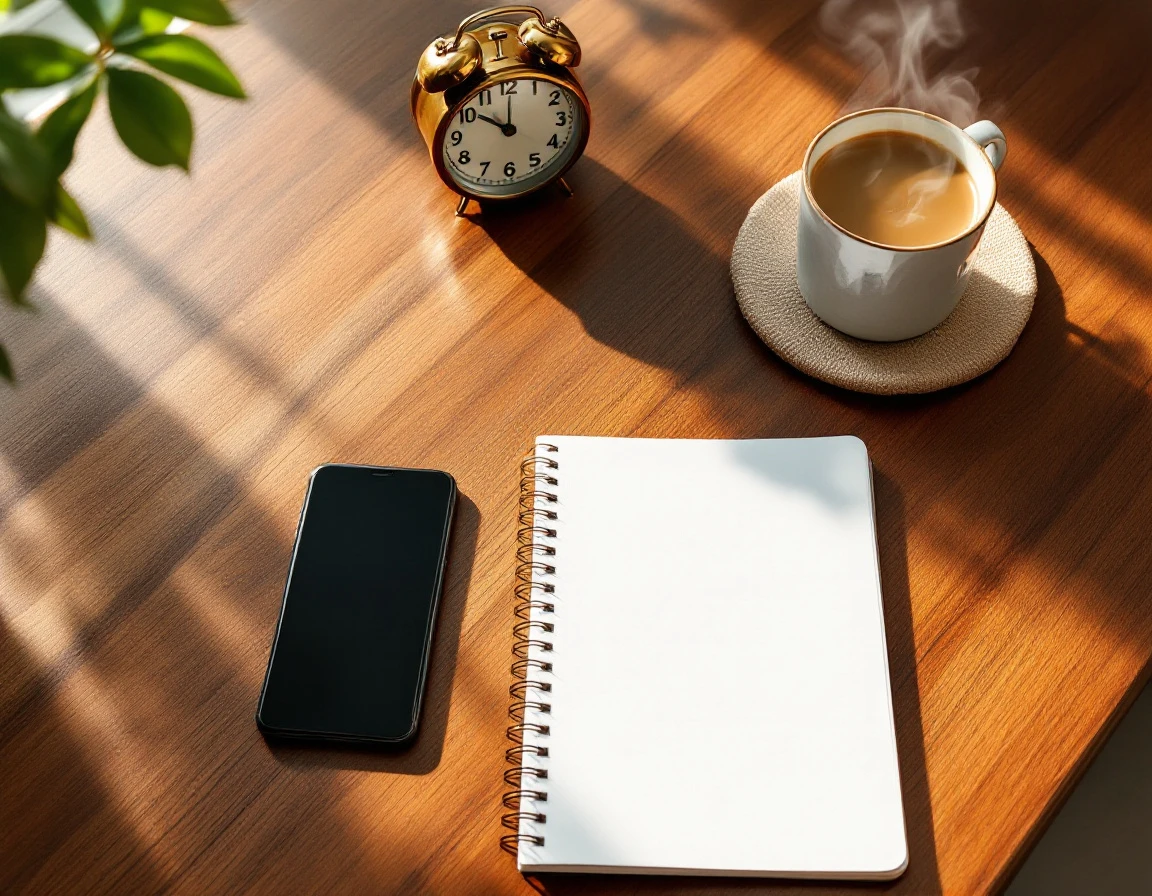 Overhead view of desk with blank notebook, phone, and coffee representing scheduled outreach planning workflow