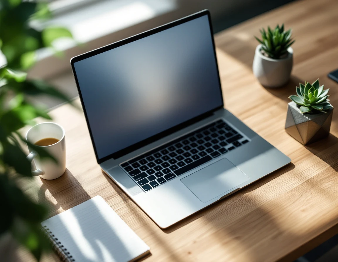 Clean professional workspace with laptop, coffee, and succulent plant on wooden desk