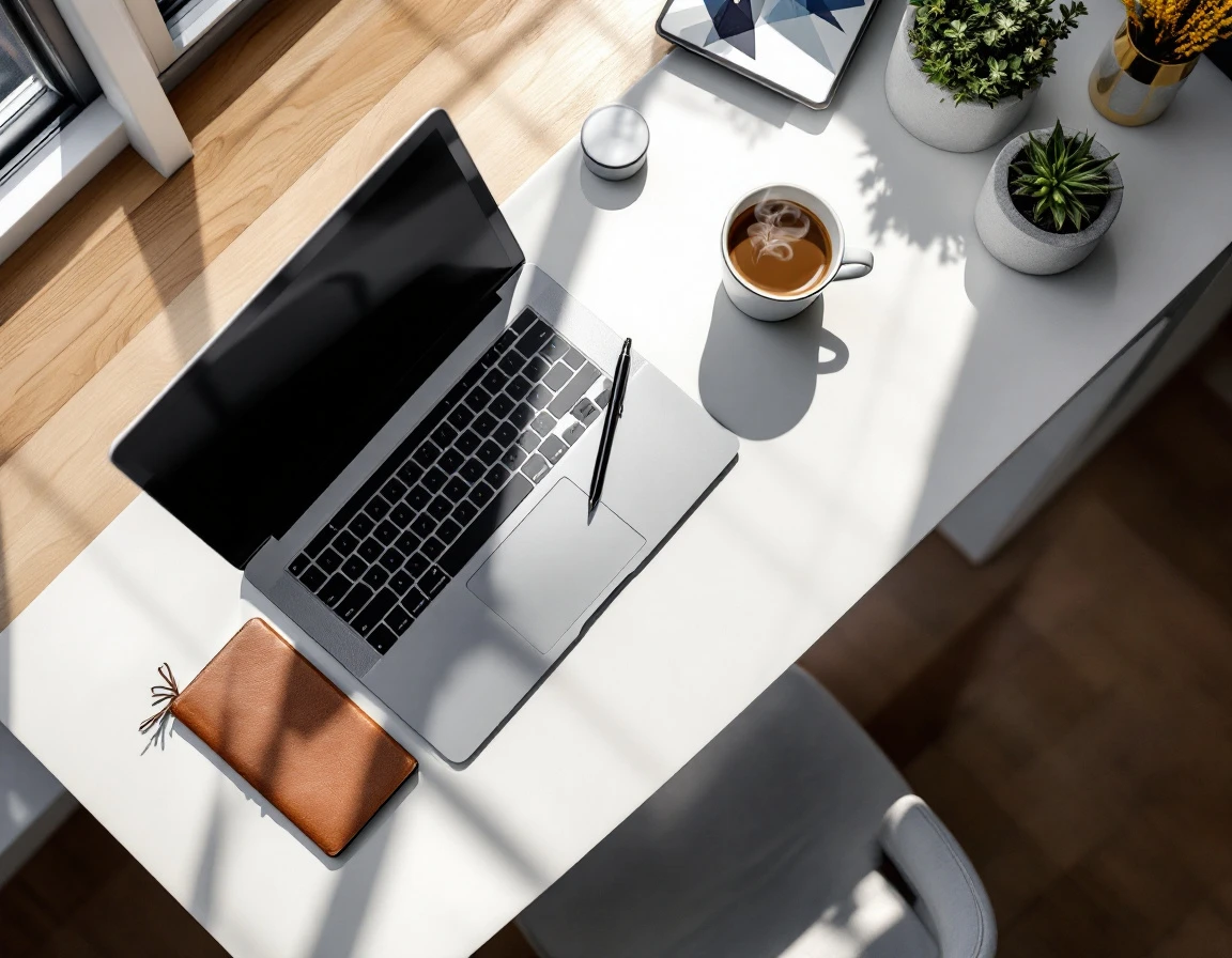 Overhead view of organized business workspace with notebook, tablet, coffee, and minimalist desk accessories